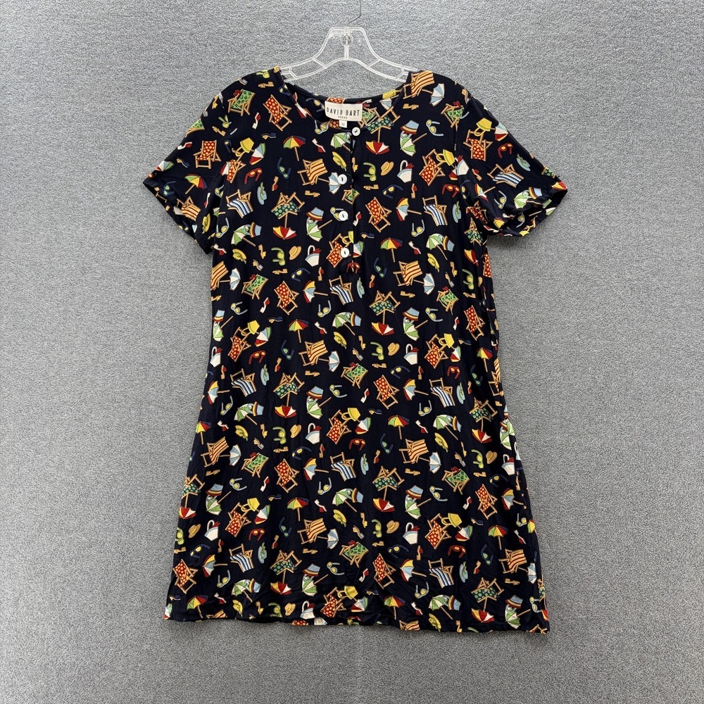 VTG 90s David Dart Dress Medium Navy Colorful Beach Print A Line Rayon Mini